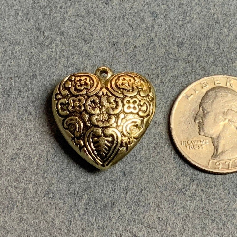 Floral Puffy Heart Pendant Antiqued Gold Scroll Valentine Love Retro BoHo