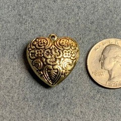 Floral Puffy Heart Pendant Antiqued Gold Scroll Valentine Love Retro BoHo