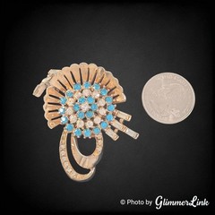 Vintage Anthony Aqua Blue & Clear Rhinestone Fan Spray Gold Tone Brooch