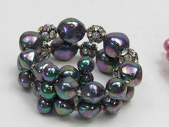3 Vintage Beaded Stretch Cuff Bracelets Lot Pink Iridescent Rhinestone