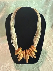 BOHEMIAN MULTI STRAND STRING 18″ CHOKER BROWN TAN WOOD RINGS NECKLACE HANDMADE