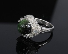 Vintage 4.02ct Cats Eye Green Tourmaline & 0.50ct Diamond Platinum Ring Size 5.5
