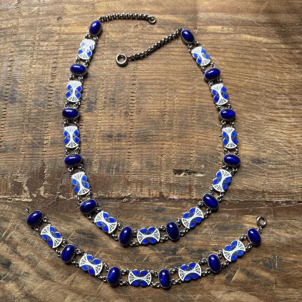 VINTAGE NORWEGIAN ENAMEL & STERLING SILVER NECKLACE & BRACELET Set Cobalt