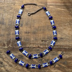 VINTAGE NORWEGIAN ENAMEL & STERLING SILVER NECKLACE & BRACELET Set Cobalt