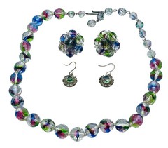 Vintage 1950’s Multi-Color Art Glass Bead Necklace Earring Set 16.5” L Germany