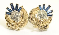 Vintage Crown Trifari Baguette Crystal Rhinestone Thistle Clip Earrings