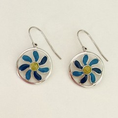 Ross Simons 925 Sterling Silver Blue & Green Enamel Flower Daisy Dangle Earrings