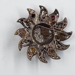 Vintage Bronze Tone Sun Brooch with Multicolored Rhinestone Jewels