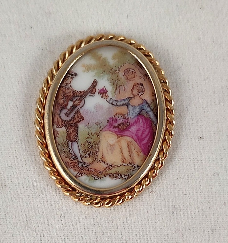 Antique LIMOGES FRANCE Porcelain Courting Couple SIGNED No Pin Back