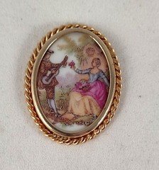 Antique LIMOGES FRANCE Porcelain Courting Couple SIGNED No Pin Back
