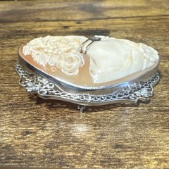 Vintage 14K Solid White Gold Cameo Brooch Pendant – Filigree, Diamond, Flowers