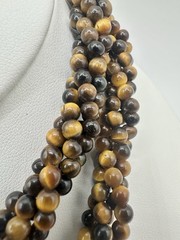 VTG 29In 4 Strand Tigers Eye Bead Necklace Caviar Gold Tone Fish Hook Clasp Read