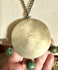 Vintage Mexican Alpaca Green Onyx Stone Pendant Necklace Large Modernist Disc