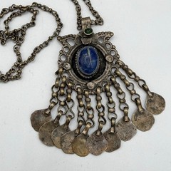 Vintage Middle Eastern Ornate Handcrafted Pendant Necklace w Lapis Lazuli Stone