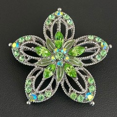 Vintage 1980s Convertible Green Rhinestone Flower Brooch Pendant Silver Tone