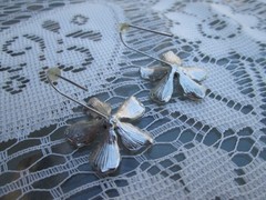 Vintage silver tone Blue enamel flower French wire Earrings orange rhinestones