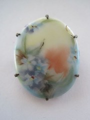 Victorian Collar Pin Brass Back Painted Porcelain Floral Antique