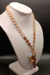 Vintage Beaded Necklace Tassel Opalite & Crystal Charm Pendant Sparkle Long 39″