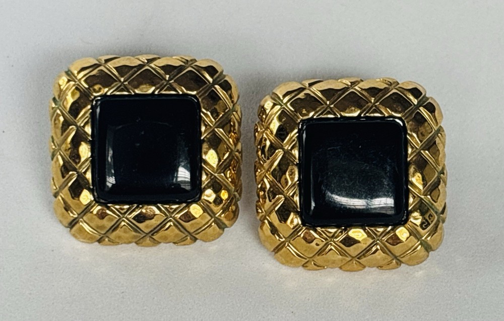 Vintage LCI Gold-tone Black Square shape Pierced Earrings