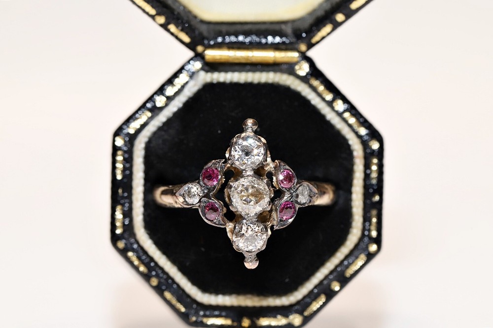 Antique Circa 1900s 8k Gold Natural Old Cut Diamond And Ruby Navette Ring