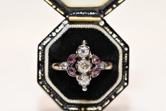 Antique Circa 1900s 8k Gold Natural Old Cut Diamond And Ruby Navette Ring