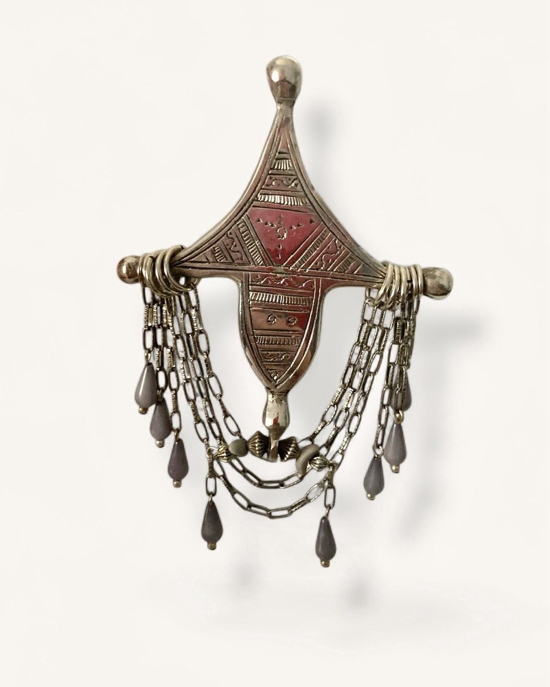 Tuareg Brooch Etched Morocco Silver Tone Lavender Teardrop Stones Swag Chains 5”