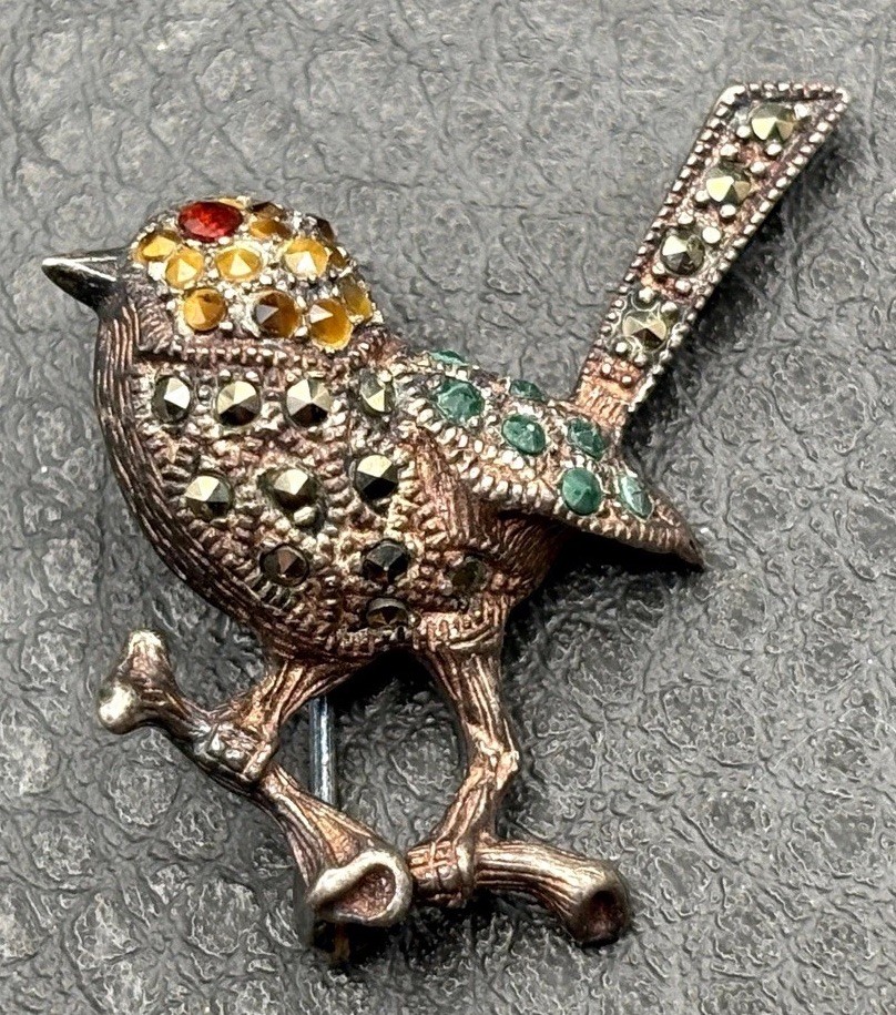 Vintage Sterling Silver 925 Bird Brooch Pin Marcasite Green Red Yellow Crystal