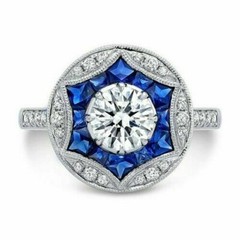 Vintage Art Deco Lab-Created Diamond & Sapphire Birthday White Gold Filled Ring