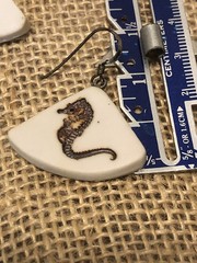Vintage handmade fossilized looking seahorse pierced earrings and brooch