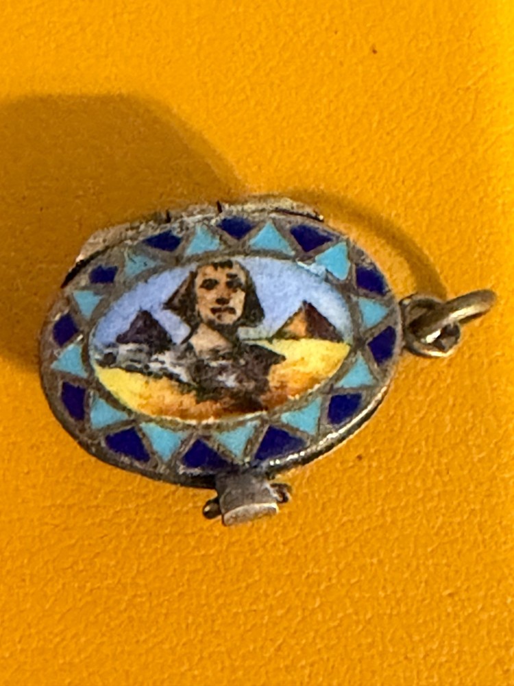 Antique Egyptian revival enamel basket locket baby moses sterling 800 pendant