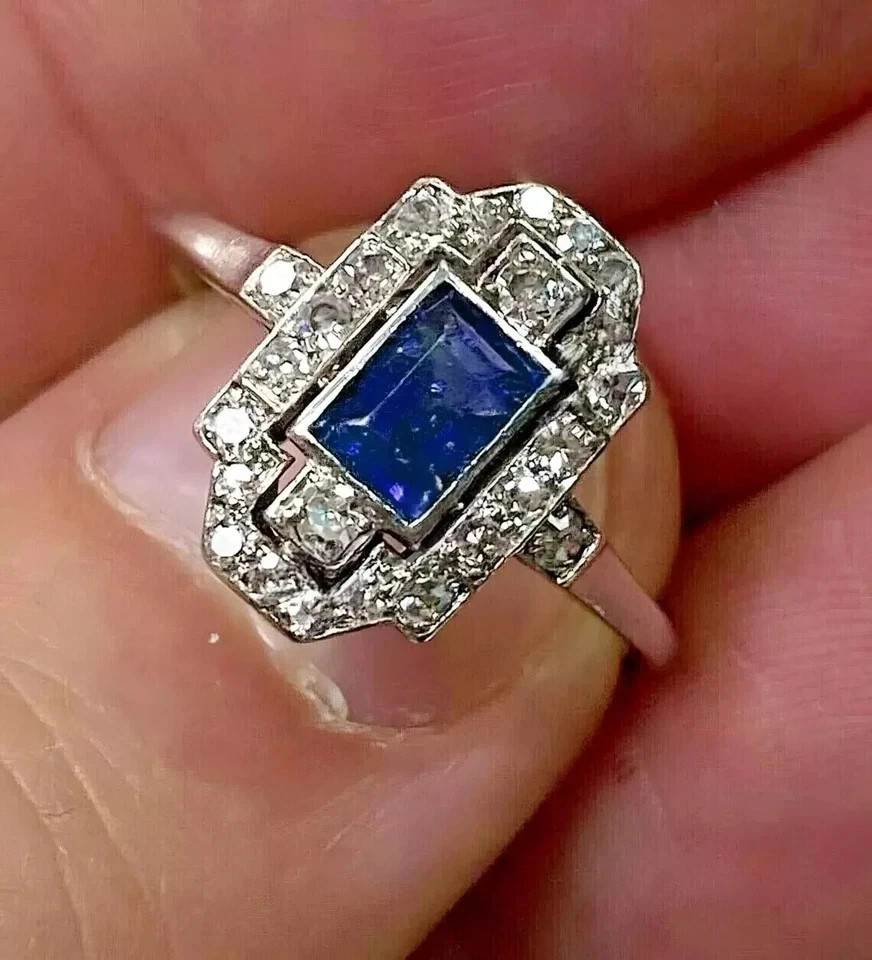 Antique 2Ct Blue and White Stones Art Deco Engagement Ring in Sterling Silver