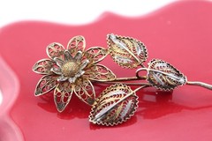 Vintage 800 silver filigree flower brooch trombone clasp 2.5″ signed