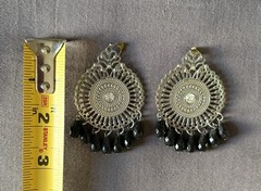 3 Pair Dangle Pierced Earrings Black Beads On Silver Tone, Black, & Multi Color
