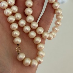 Vintage 9MM Big Genuine Real Pearl Hand Knotted 14K Yellow Gold Necklace 18″