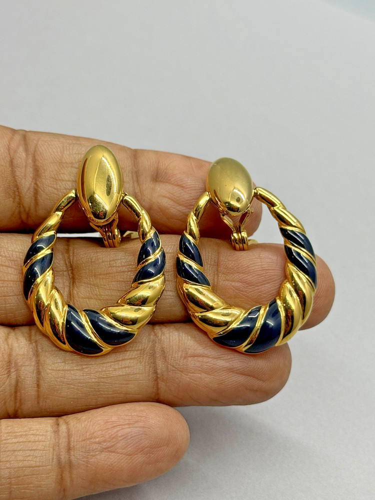 Vintage Monet Door Knocker High Polish Gold Tone Blue Enamel Clip On 1.50″