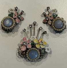 Vintage 1950s Floral Enamel Brooch & Clip-On Earrings Set Pastel Blue Cabochon