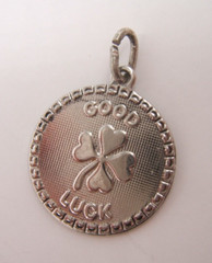 VTG SILVER PLATE DISK CHARM 4 LEAF CLOVER GOOD LUCK