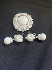 Vintage Miriam Haskell Milk Glass Flower Brooch & Earrings White Floral Dangles