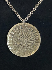 Vintage Long Cross ,Silver Alloy, Coin Medallion Necklace Chain