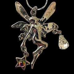 Vtg Fairy Pendant Necklace Silver Tone Crystal Star Charm Fantasy Pixie Nouveau