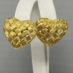 Heart Earrings Gold Tone Textured Woven Stud Dangle Drop Pierced Open Work NOS