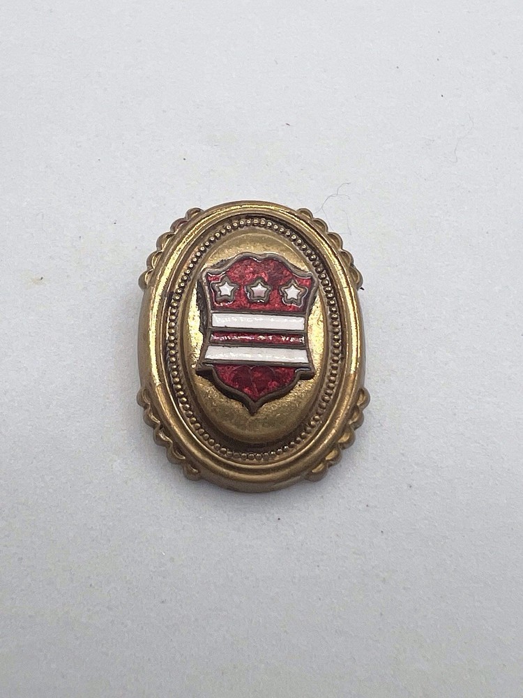 Vintage Gilt Brass Top Crest Shield Pin White / Red Enameled Stars Stripes