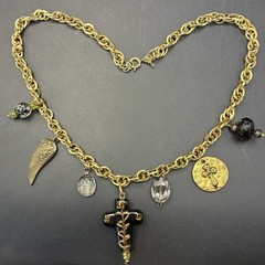 Vintage Brassy Bronzy Necklace & Charms of Mixed Metals: Cross, Angel Wing, OOAK