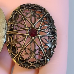 SALE Vintage Gothic Locket Pendant Red Glass Stone Spiderweb Filigree Starburst