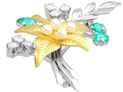 0.78Ct Emerald 0.55Ct Diamond and Pearl 18k Yellow Gold and Platinum Brooch