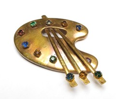 VTG Large ARTIST Palette Brushes BROOCH 1940s Brass RHINESTONE Paint Colors