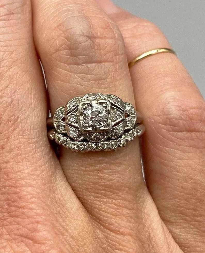 Art Deco 2Ct Round Lab Created Diamond 14K White Gold Over Engagement Ring Set