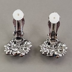 Vintage Rhinestone Clip On Earrings Blue Glass Oval Flower Silver Tone 1″