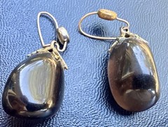 Vintage Eggplant Glass French Jet Style Dangle-Drop Earrings w Ornate Metal Caps