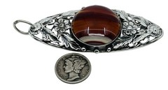 Antique Victorian Sterling Silver 925/1000 Banded Agate Flower Pendant 3” Long